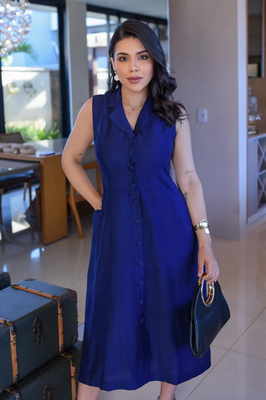 Chemise midi gola estilo blazer azul marinho