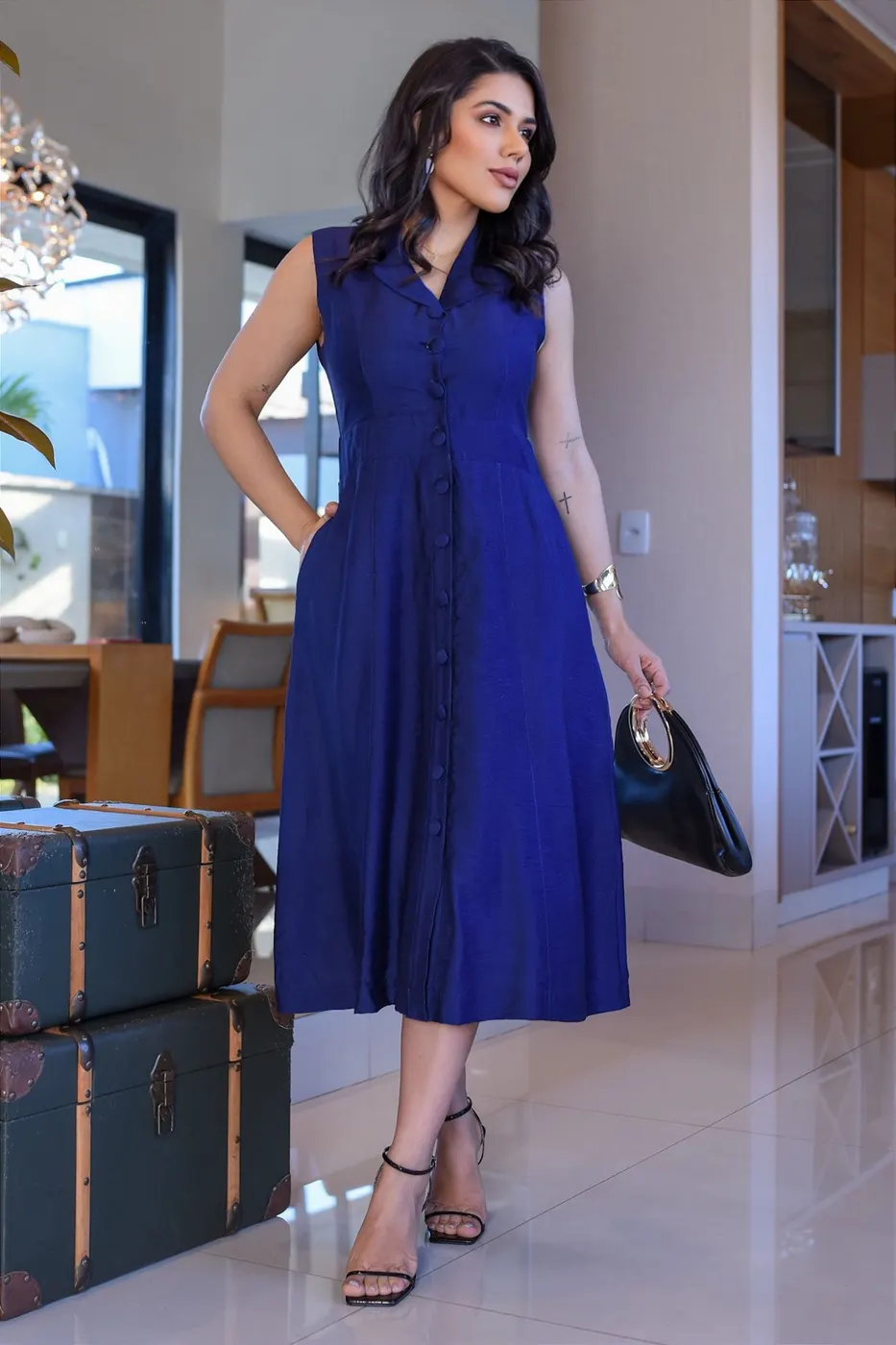 Chemise midi gola estilo blazer azul marinho