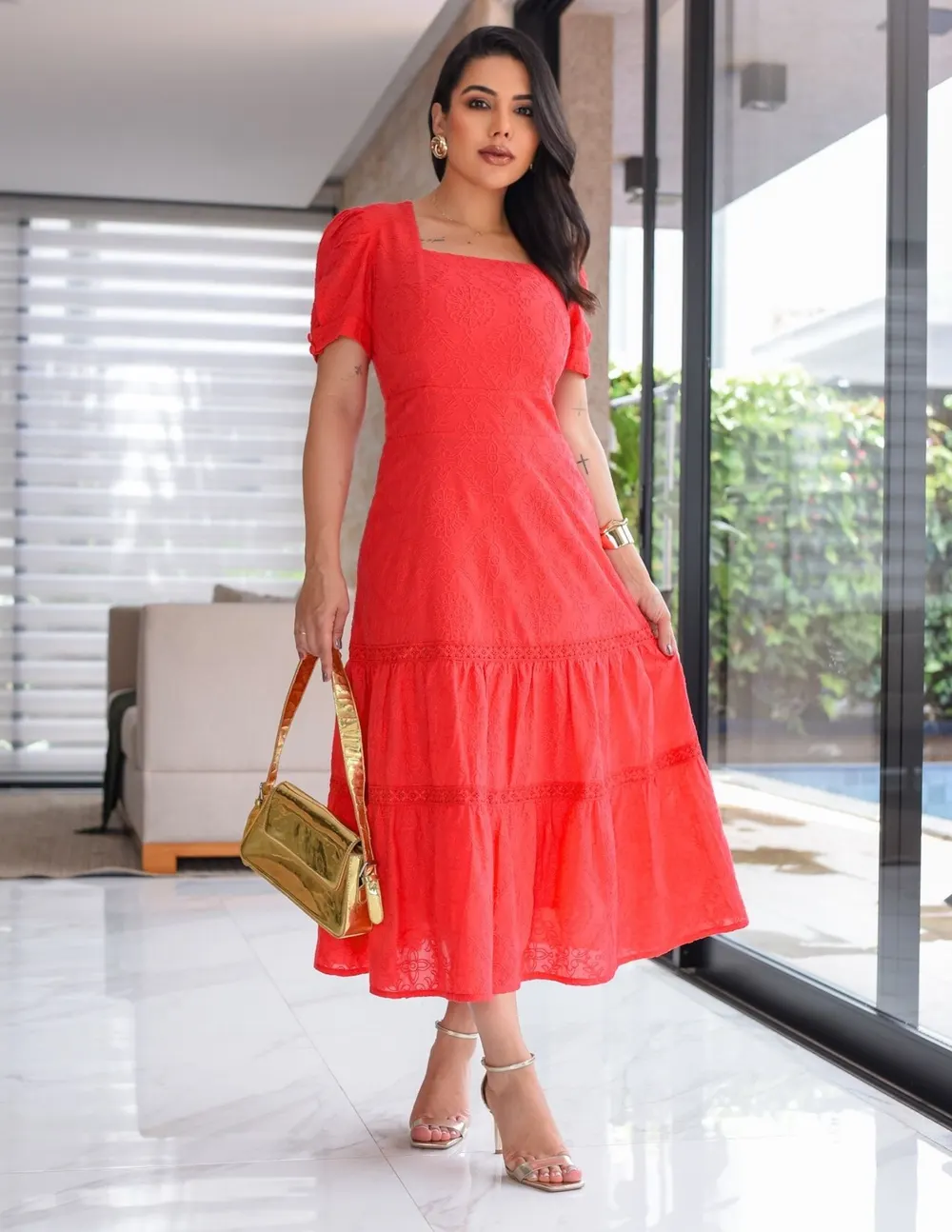 Vestido Cordone detalhes em guipir Vermelho