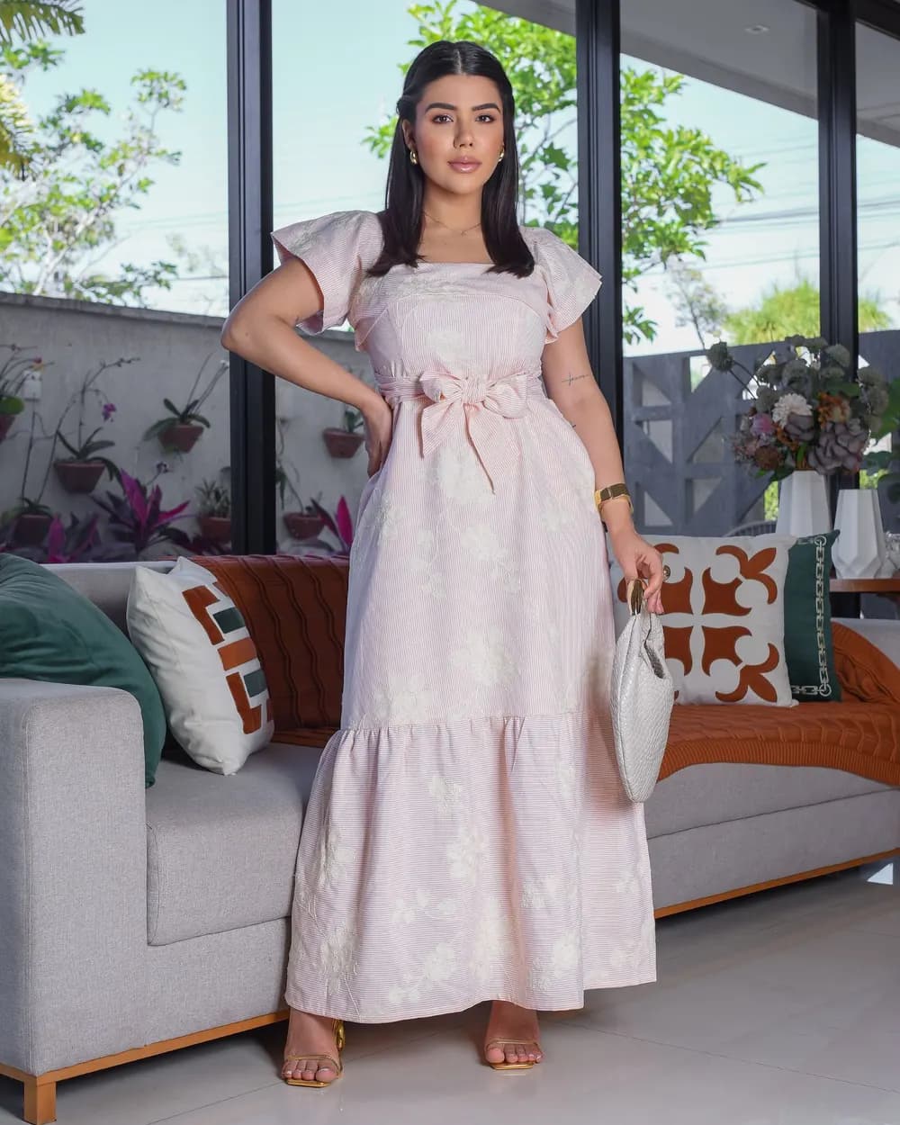 Vestido em listra Salmão detalhe em amarração Longo