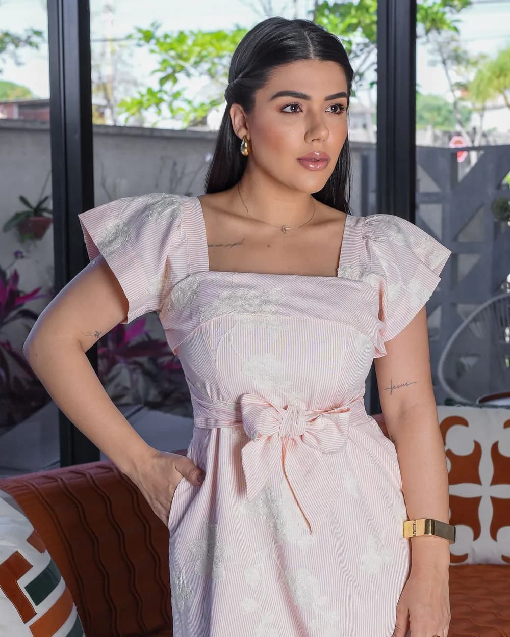 Vestido em listra Salmão detalhe em amarração Longo