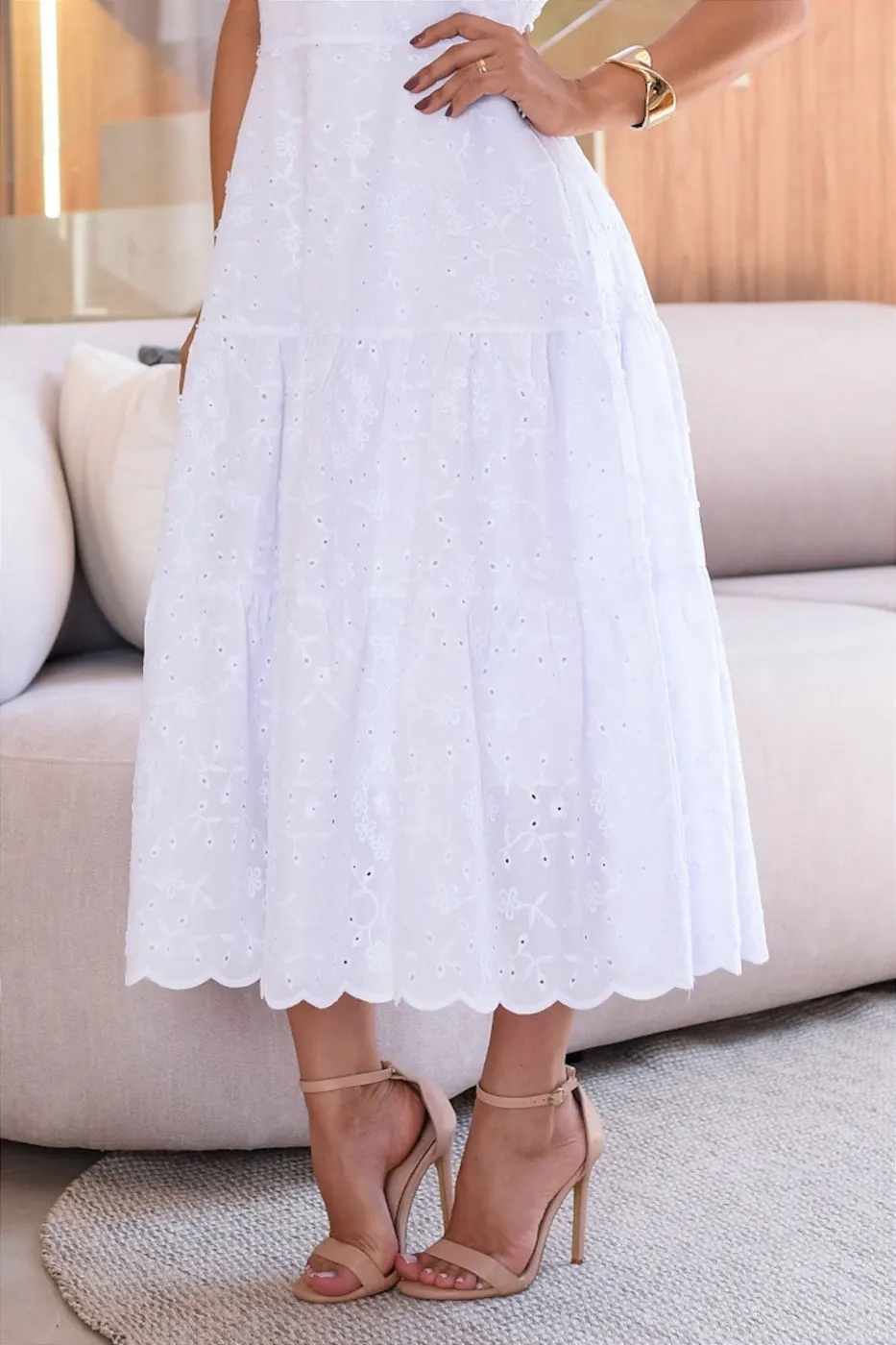 Vestido luxo laise 3D gola padre Branco