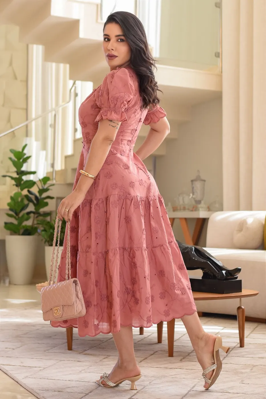 Vestido luxo laise 3D gola padre Rose