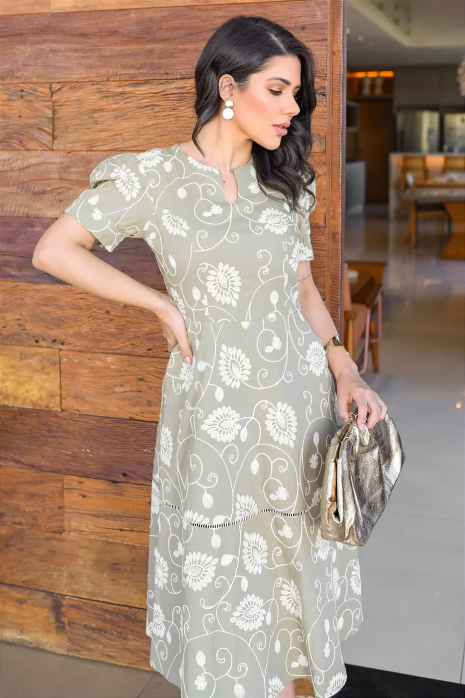 Vestido Midi bordado Indiano Verde azeitona