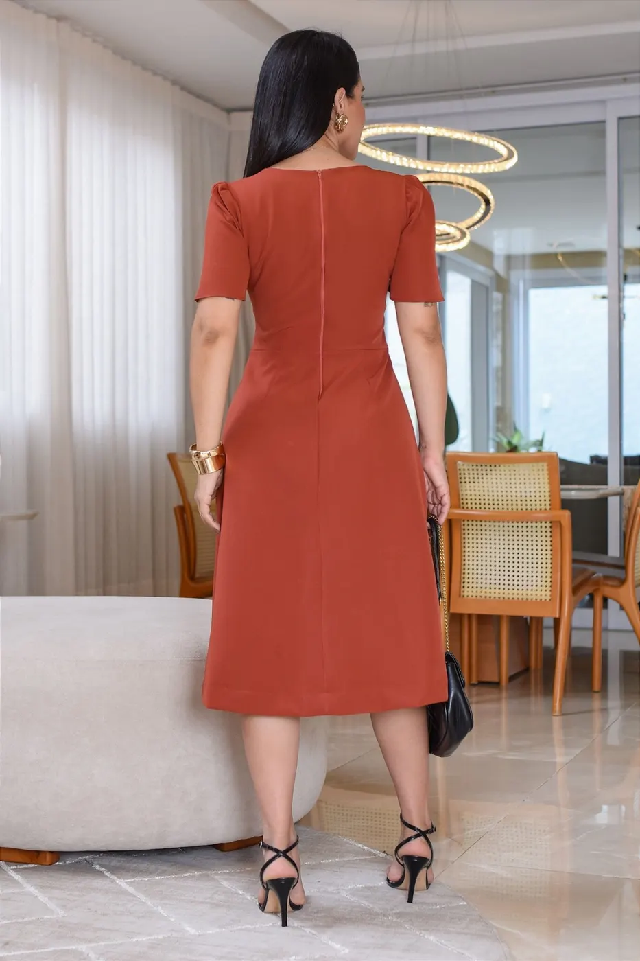 Vestido Midi em corte Alfaiataria e manga flare Telha