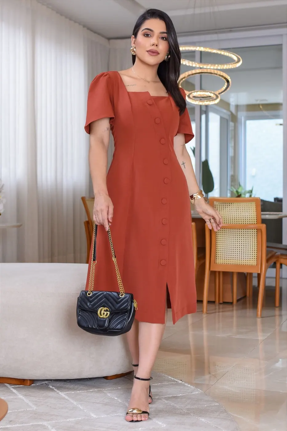 Vestido Midi em corte Alfaiataria e manga flare Telha