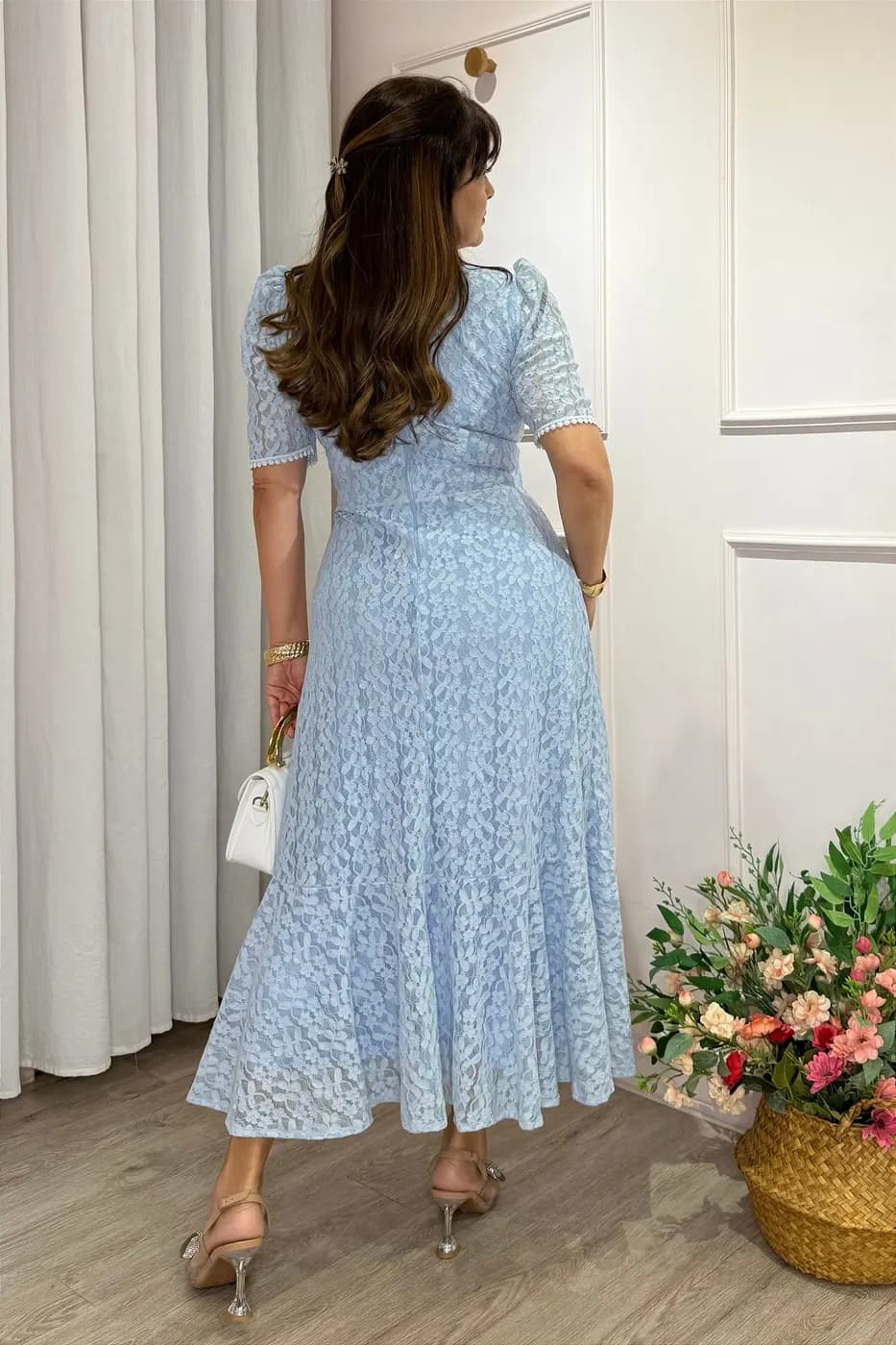 Vestido midi Renda e saia peplum azul bebe