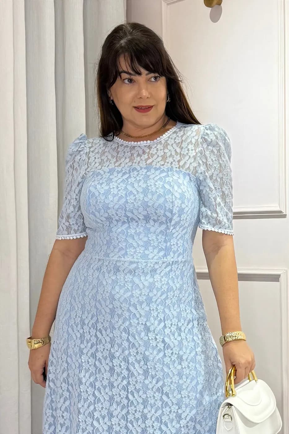Vestido midi Renda e saia peplum azul bebe