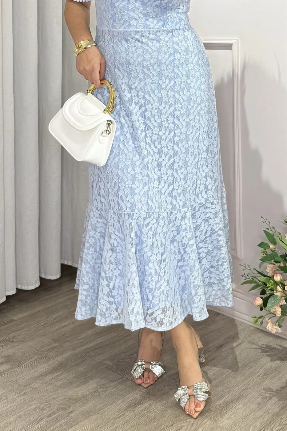 Vestido midi Renda e saia peplum azul bebe