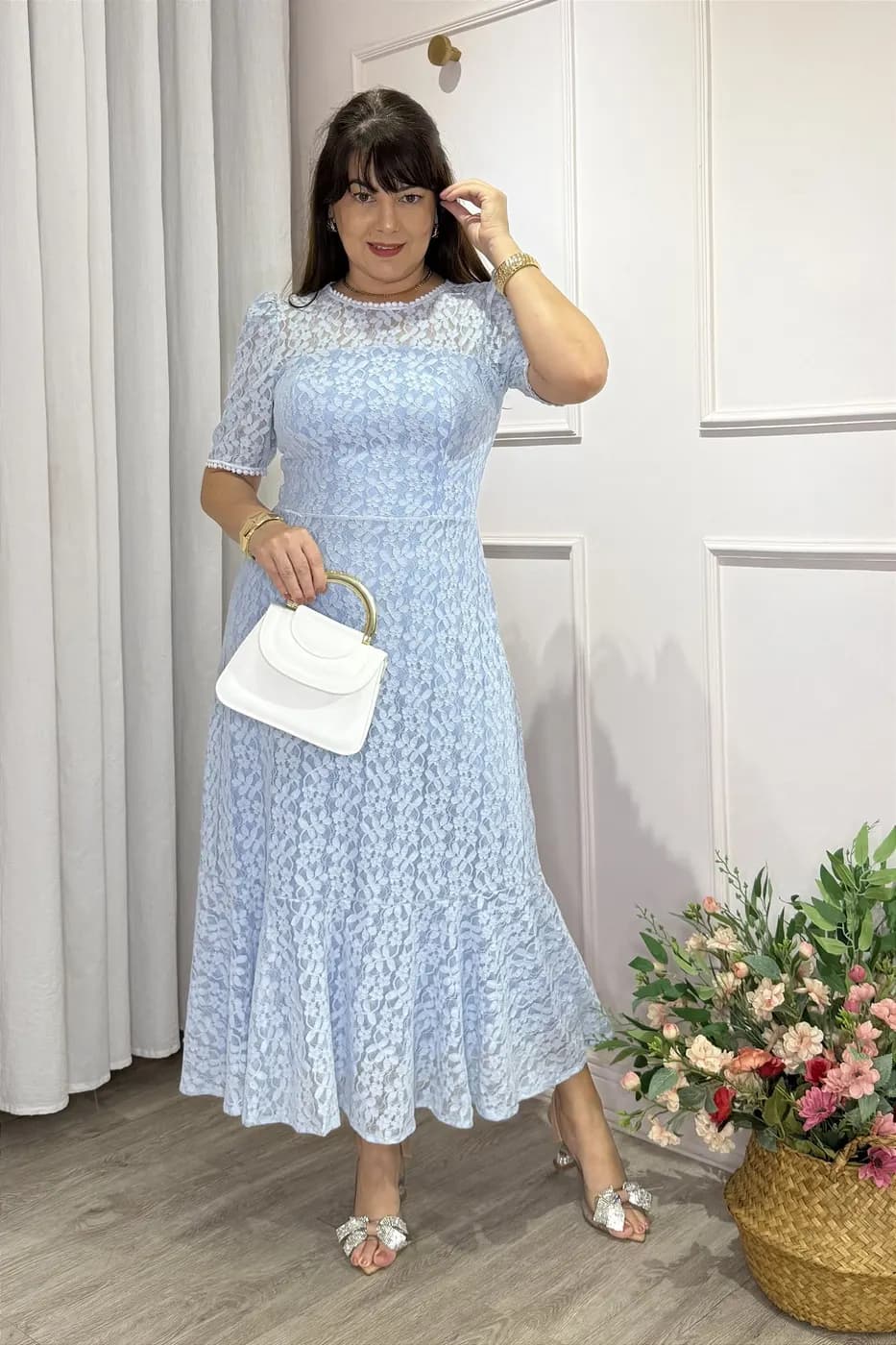 Vestido midi Renda e saia peplum azul bebe
