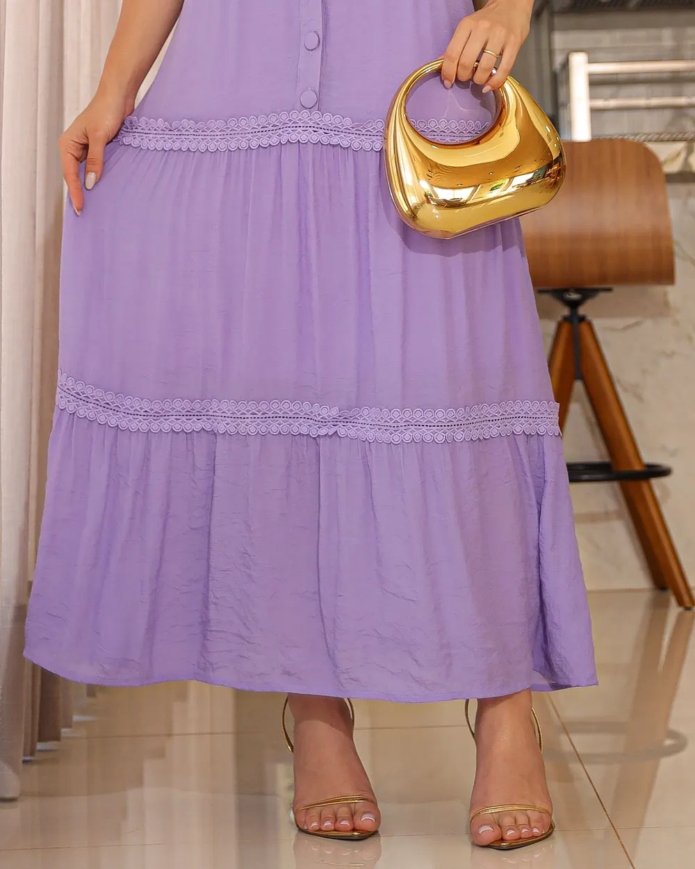 Vestido Paraiso com botoes funcionais Lilás Dream Longo