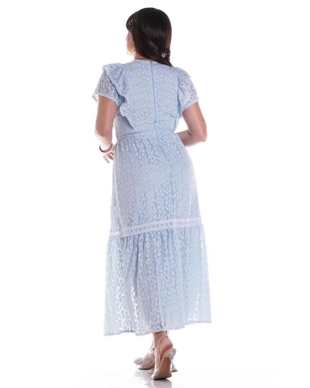 Vestido Renda Guipir azul baby Longuete