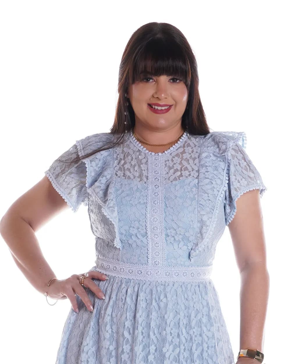 Vestido Renda Guipir azul baby Longuete