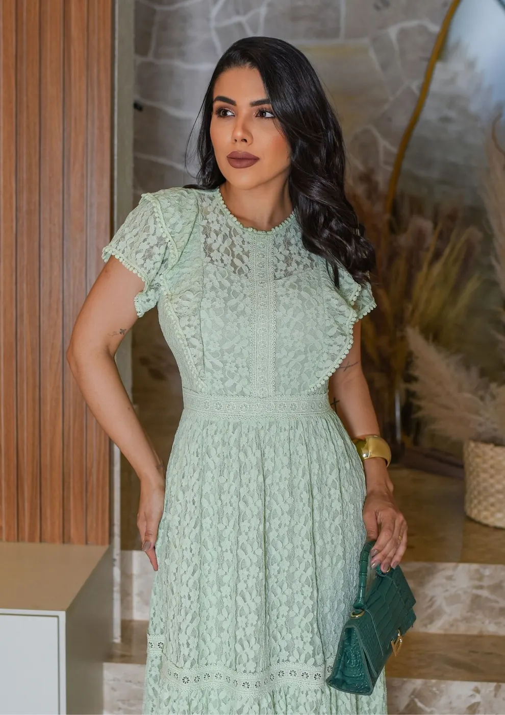 Vestido Renda Guipir Verde claro Longuete