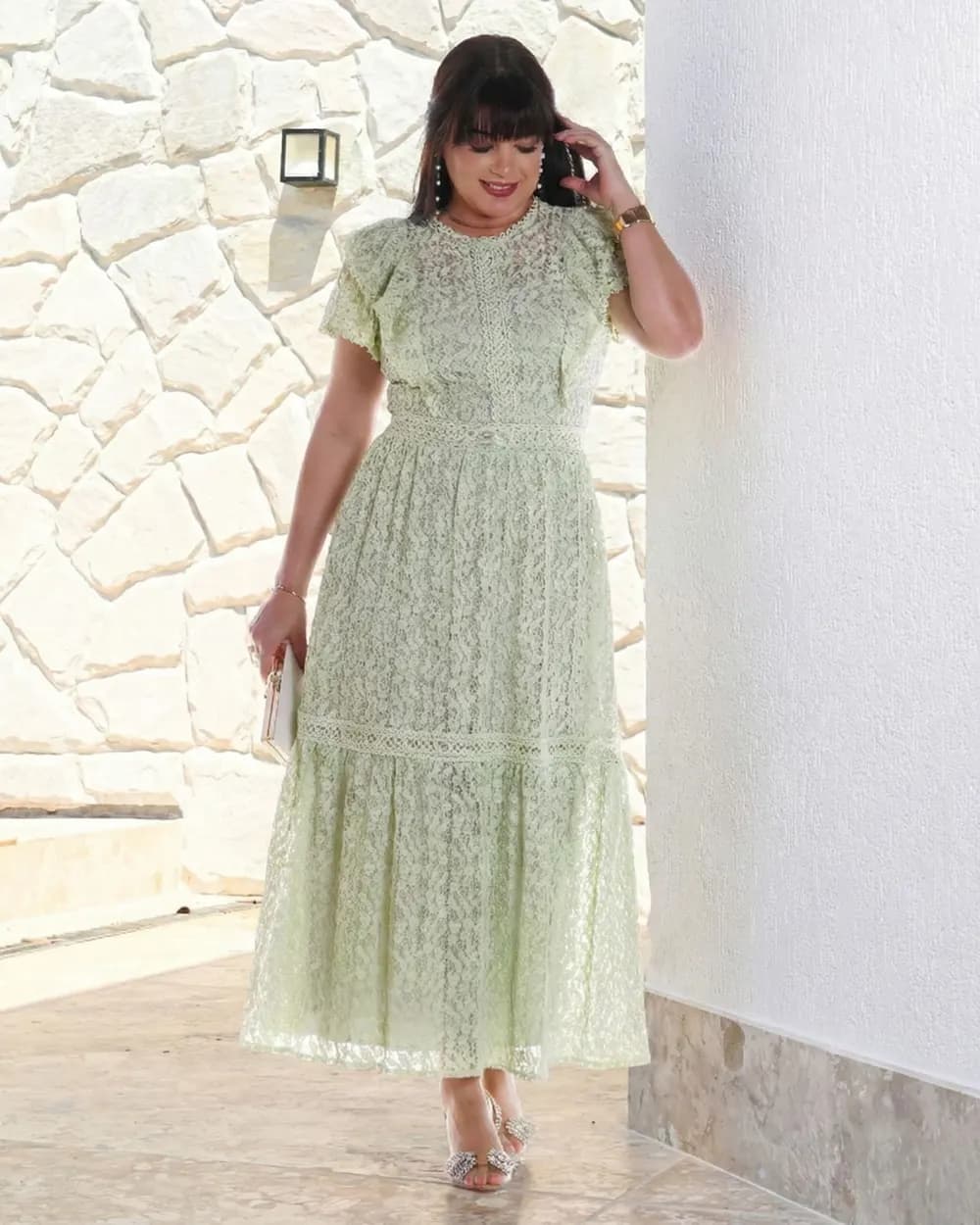 Vestido Renda Guipir Verde claro Longuete